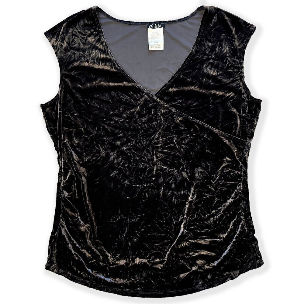 Vintage 90s Y2K Crushed Velvet Surplice Wrap Top Grey Short Sleeve Holiday Party